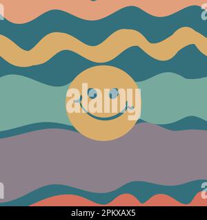 Astratto sfondo orizzontale con onde colorate. Illustrazione del vettore della moda in stile retrò 60s, 70s. Smail. Illustrazione Vettoriale