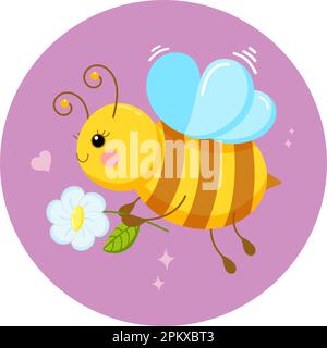 Illustrazione vettoriale di un'ape innamorata di una camomilla in stile cartoon flat Illustrazione Vettoriale