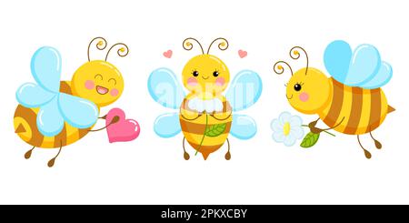 Set di illustrazioni di graziose api cartoni animati innamorati delle margherite Illustrazione Vettoriale