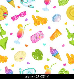 Motivo vettoriale senza cuciture con accessori estivi per la spiaggia in colori luminosi Illustrazione Vettoriale