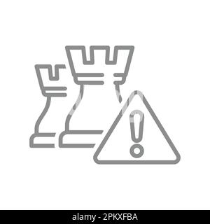 Pezzo di scacchi del re e punto esclamativo di avvertimento o cantare del punto. Icona vettore linea di attenzione, pericolo o violazione del sistema. Illustrazione Vettoriale