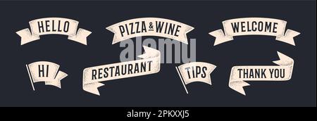 Set di grafica vintage per banner a nastro. Set di banner vintage, nastro, testo Benvenuto, Ciao, grazie, Elementi grafici della vecchia scuola, pizza, ristorante. Design dell'elemento di incisione del nastro. Illustrazione vettoriale Illustrazione Vettoriale