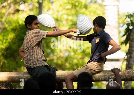 Colombo, Sri Lanka. 9th Apr, 2023. Sri Lankan studente della scuola di damma partecipare a un gioco tradizionale per battere un avversario da un fascio di equilibrio durante le celebrazioni del Capodanno tamil e .Sinhala a Colombo il 09 aprile 2023. Il nuovo anno si svolge il 13 aprile e il tradizionale .fun e giochi sono organizzati in tutta l'isola per celebrare l'occasione. (Credit Image: © Vimukhi Embuldeniya/Pacific Press via ZUMA Press Wire) SOLO PER USO EDITORIALE! Non per USO commerciale! Foto Stock