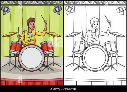 Drummer colorazione pagina colorata Illustrazione Illustrazione Vettoriale