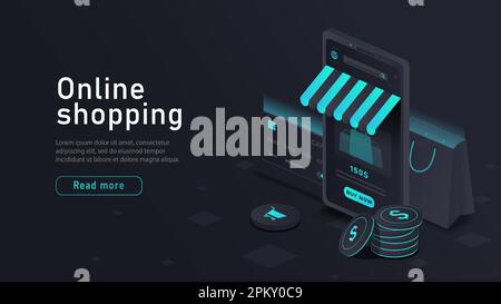 Banner acquisti online isometrico Illustrazione Vettoriale