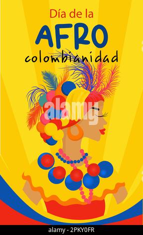 Giornata afro-colombiana in Colombia in spagnolo. Banner verticale in colori luminosi. Bella donna in costume nazionale carnevale. Illustrazione Vettoriale