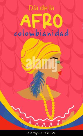 Giornata afro-colombiana in Colombia in spagnolo. Banner verticale in colori luminosi. Bella donna in costume nazionale carnevale. Illustrazione Vettoriale