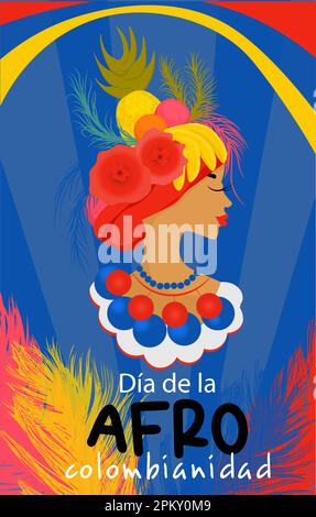 Giornata afro-colombiana in Colombia in spagnolo. Banner verticale in colori luminosi. Bella donna in costume nazionale carnevale. Illustrazione Vettoriale