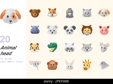 Set testa animale. Icone creative: Orso, volpe, sigillo, gatto, cane, ippopotamo, koala, panda, leone, maiale, tigre, serpente, procione, lupo, topo, elefante Illustrazione Vettoriale