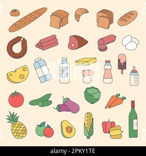 Icone di colore sottile della drogheria. Illustrazione Vettoriale