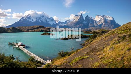 Sbarco per l'hotel explora, il lago Pehoe, il Parco Nazionale Torres del Paine, Foto Stock