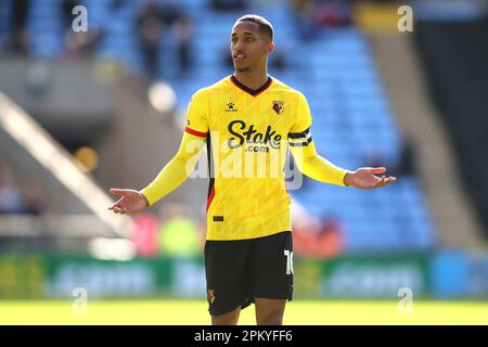 Joao Pedro di Watford reagisce durante lo Sky Bet Championship presso la Coventry Building Society Arena di Coventry. Data immagine: Lunedì 10 aprile 2023. Foto Stock