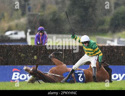 Janidil guidato da Mark Walsh caduta alla recinzione finale del McInerney Properties Fairyhouse Chase a Fairyhouse Racecourse in County Meath, Irlanda. Data immagine: Lunedì 10 aprile 2023. Foto Stock