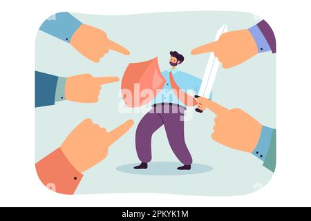 Dita di persone che puntano l'uomo d'affari con spada e scudo Illustrazione Vettoriale