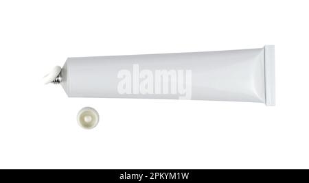 Aprire il tubo bianco per crema medica o cosmetica con il coperchio isolato dallo sfondo - vista dall'alto Foto Stock