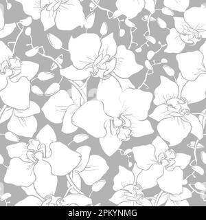 motivo senza cuciture di ampie silhouette bianche di orchidee su sfondo grigio, texture, design Foto Stock