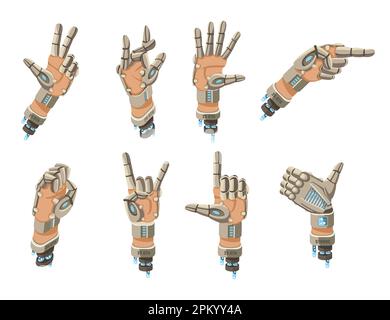 Le mani del robot mostrano vari gesti del set di illustrazioni cartoni animati Illustrazione Vettoriale