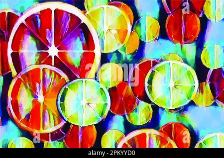 Fette di agrumi sono visibili in una pittura astratta digitale. Questo include limone, lime, arance e pompelmo in questa illustrazione 3-d. Foto Stock