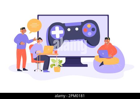 Uomini seduti e giocando video gioco flat vettoriale illustrazione Illustrazione Vettoriale