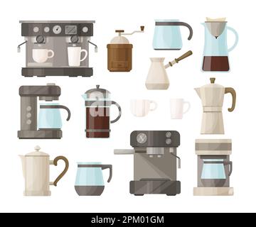 Macchine per il caffè e set per la preparazione di caffè Illustrazione Vettoriale