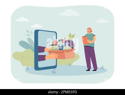 Donna che ordina consegna di cibo online piatto vettore illustrazione Illustrazione Vettoriale