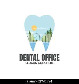 Modello per logo dentale per esterni adatto per il logo dentale. Dental camp logo, dentista dentista studente all'aperto natura avventura denti icona simbolo design v Illustrazione Vettoriale