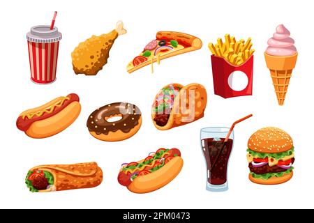 Set di illustrazioni per cartoni animati fast food realistici Illustrazione Vettoriale
