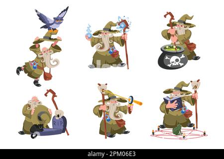 Vecchio wizard in varie azioni cartoon Illustration Set Illustrazione Vettoriale