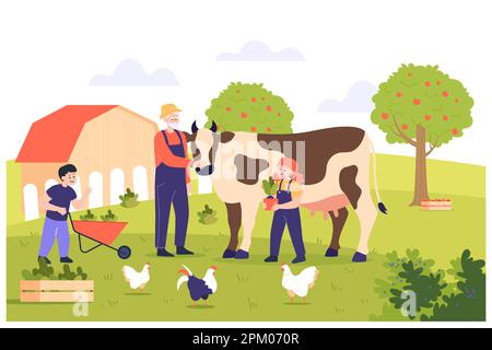 Nonno e bambini che lavorano all'illustrazione del vettore piatto dell'azienda agricola Illustrazione Vettoriale