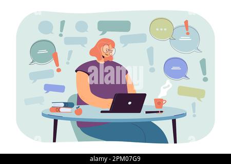 Bolle vocali e manager impegnato che lavora sul notebook Illustrazione Vettoriale