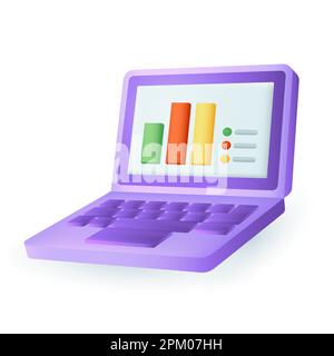 notebook in stile cartoon 3d con icona a schermo con elementi infografici Illustrazione Vettoriale