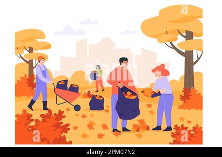 Gente felice che raccoglie le foglie cadute nel parco della città insieme Illustrazione Vettoriale