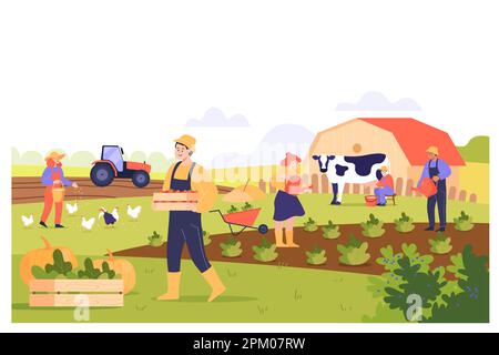 Agricoltori che lavorano su campo agricolo disegno vettoriale piatto Illustrazione Vettoriale