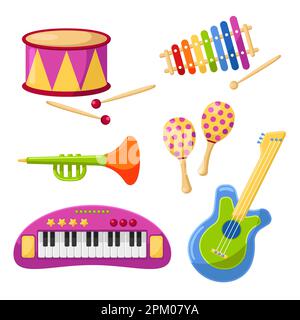 Simpatici strumenti musicali per bambini set di illustrazioni vettoriali Illustrazione Vettoriale