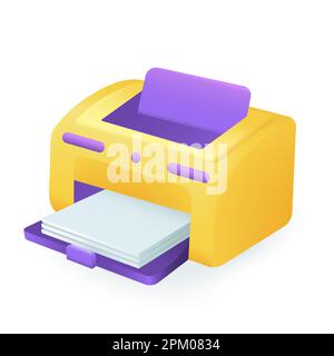 3d stampante stile cartoon con icona fogli di carta bianca Illustrazione Vettoriale