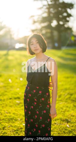 Giovane donna asiatica in piedi in un campo d'erba al Golden Hour | Moody Foto Stock