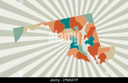 Mappa del Maryland. Poster con mappa dello stato degli Stati Uniti in tavolozza di colori retrò. Forma del Maryland con sfondo di raggi di sole. Illustrazione vettoriale. Illustrazione Vettoriale