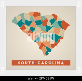 Poster del South Carolina. Mappa dello stato degli Stati Uniti con regioni colorate. Forma della Carolina del Sud con il nome dello stato degli Stati Uniti. Illustrazione vettoriale VIBRANT. Illustrazione Vettoriale