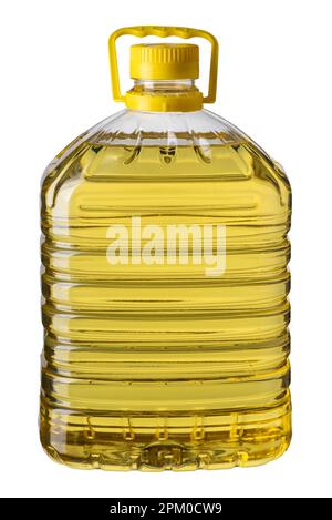 Grande bottiglia d'olio in plastica; bottiglia da 5 litri isolata su bianco; percorso di ritaglio incluso Foto Stock