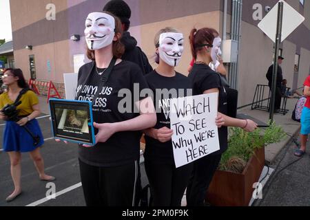 Anonimo per gli attivisti di animali vegani senza voce con il Cube of Truth che tiene segni, dispositivi elettronici, e indossando maschere Guy Fawkes a St. Paul, Minnesota. Foto Stock