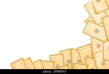 Lodz, Polonia Aprile 07 2023 carte Tarocchi bordo posteriore isolato su sfondo bianco, banner pubblicitario, spazio copia. Foto Stock