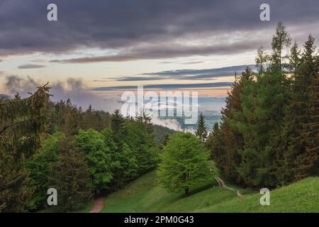 Vista da chalet sotto Suchy, parco nazionale Mala Fatra, Slovacchia, primavera tramonto tempo. Foto Stock