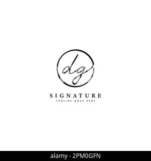 D, G, DG lettera iniziale manoscritta e firma del logo vettoriale. Modello aziendale con disegno a linee di forma rotonda Illustrazione Vettoriale