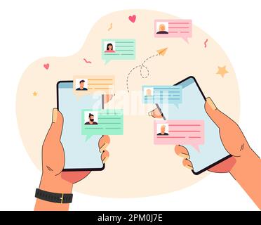 Mani di persone che detengono smartphone con bolle vocali Illustrazione Vettoriale