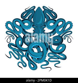 Polpo. Illustrazione vettoriale di un animale di tentacoli. Mostro nautico e marino. squid di?lue Illustrazione Vettoriale