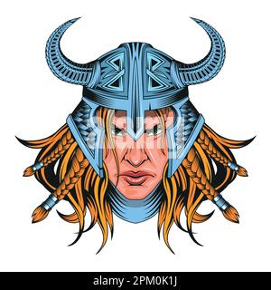 Donna vichinga. Personaggio vichingo mitologico scandinavo. Valkyrie in un casco cornato Illustrazione Vettoriale