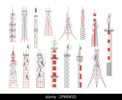 Antenna torre con set di illustrazioni vettoriali parabole satellitari Illustrazione Vettoriale