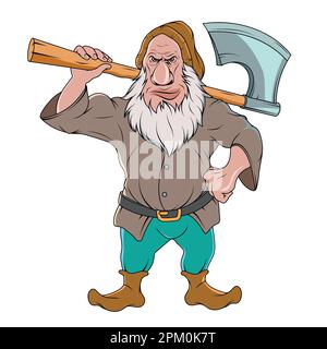 GNOME con un'ascia. Figure vettoriali fantasy persone. Nana da giardino con barba in cappello Illustrazione Vettoriale