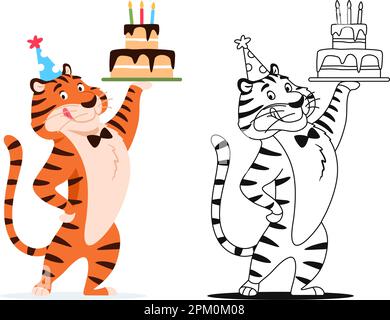 Libro da colorare. Divertente tigre di cartoni animati con torta di compleanno su sfondo bianco. Carino personaggio animale per bambini attività prescolare. Contorno bianco e nero Illustrazione Vettoriale