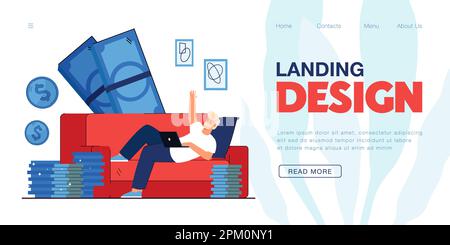 Freelance con computer portatile e pile di monete enormi Illustrazione Vettoriale